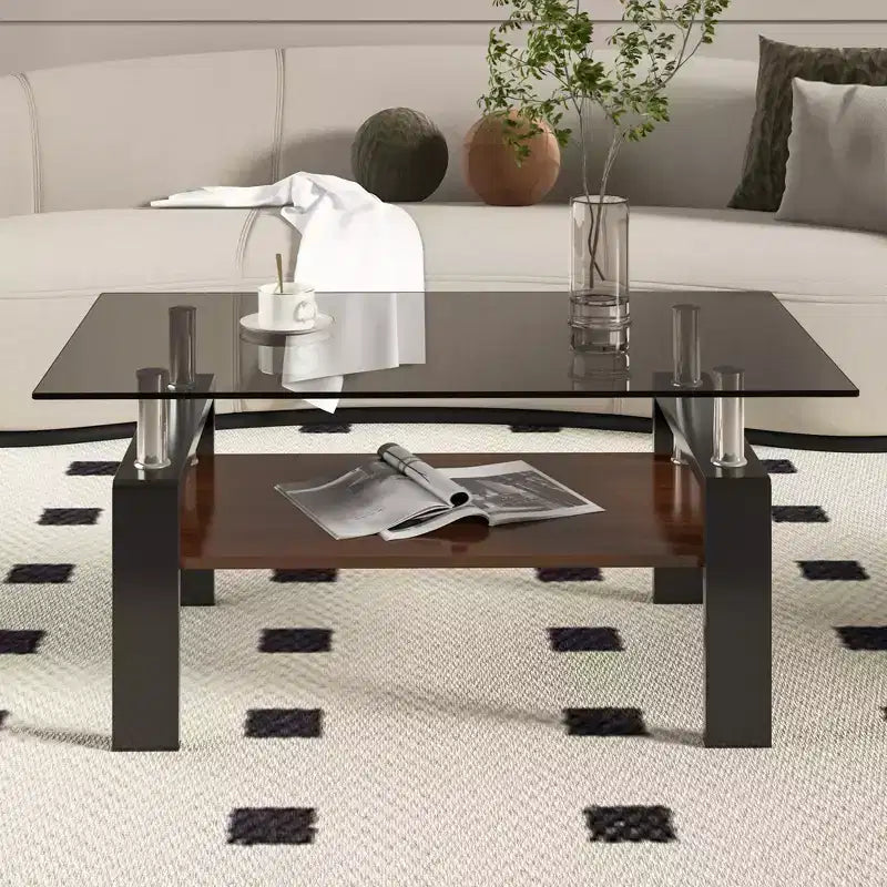 TUYOHW 2-Tier Tempered Glass Coffee Table,39.2 Modern Accent Table for Living Room,Industrial Center Table with MDF Layer,220lbs Capacity