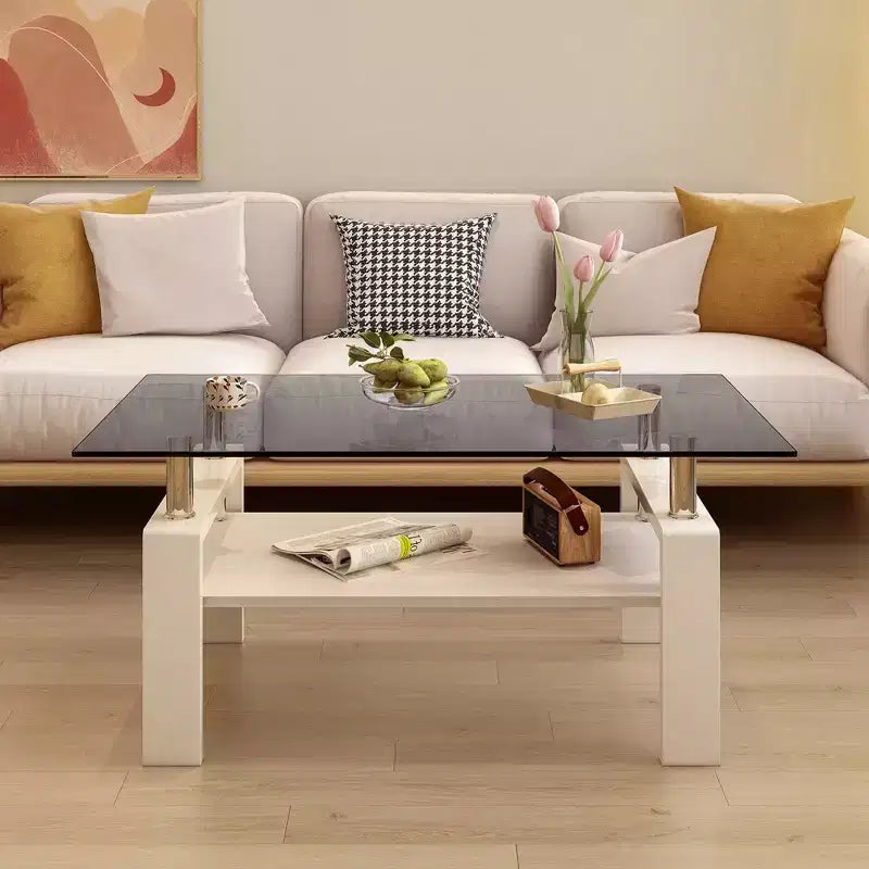 TUYOHW 2-Tier Tempered Glass Coffee Table,39.2 Modern Accent Table for Living Room,Industrial Center Table with MDF Layer,220lbs Capacity