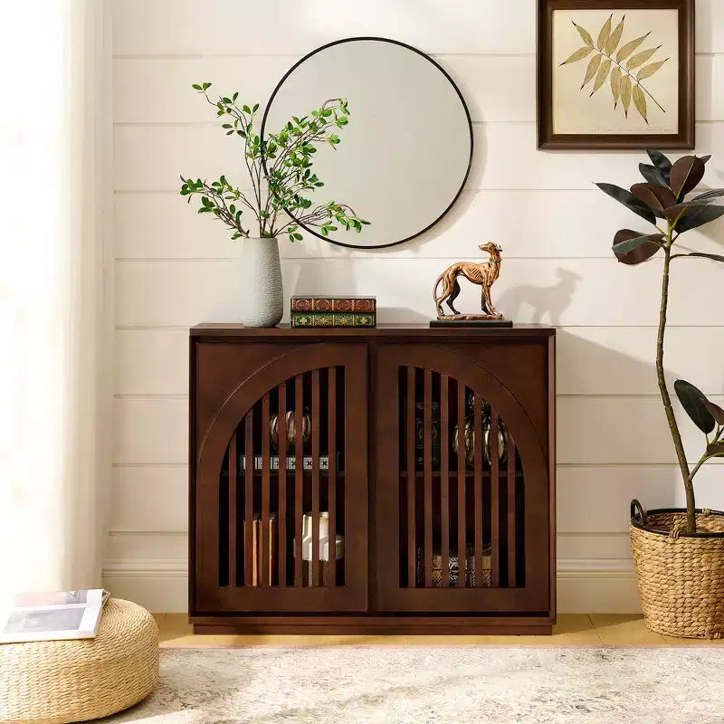 Modern Fluted Sideboard Cabinet with 2 Outlet Holes, Buffet Cabinet with Storage, Narrow Side Cabinet