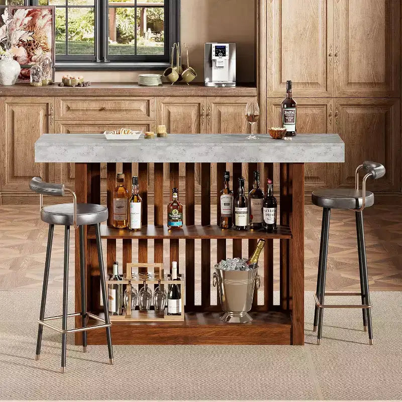 63 Long Bar Table,Counter Bar Height Pub Table with 2 Tier Storage Shelves, Modern Coffee Breakfast Bar Unit for Dining Room, Bistro, Living Room