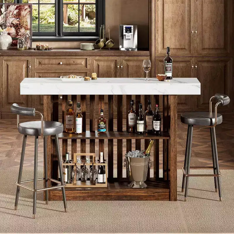 63 Long Bar Table,Counter Bar Height Pub Table with 2 Tier Storage Shelves, Modern Coffee Breakfast Bar Unit for Dining Room, Bistro, Living Room