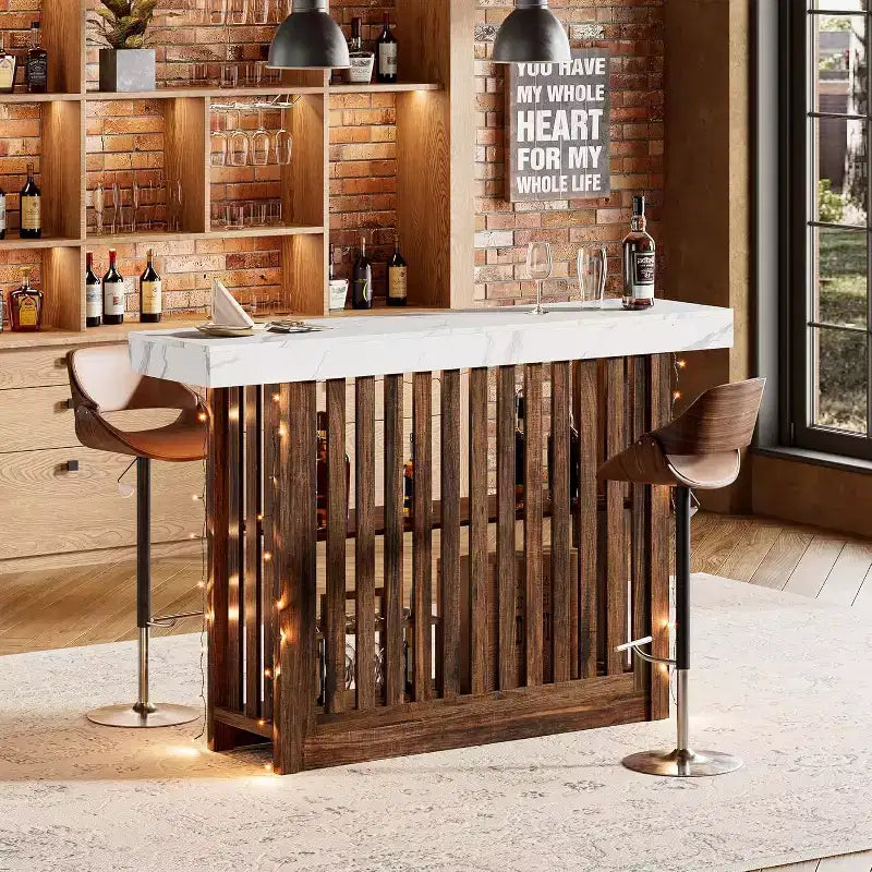 63 Long Bar Table,Counter Bar Height Pub Table with 2 Tier Storage Shelves, Modern Coffee Breakfast Bar Unit for Dining Room, Bistro, Living Room