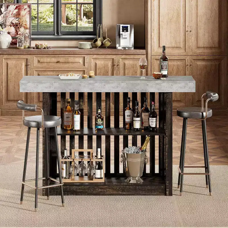 63 Long Bar Table,Counter Bar Height Pub Table with 2 Tier Storage Shelves, Modern Coffee Breakfast Bar Unit for Dining Room, Bistro, Living Room