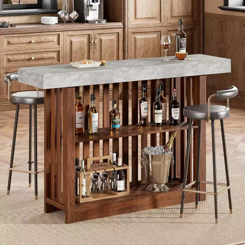 63 Long Bar Table,Counter Bar Height Pub Table with 2 Tier Storage Shelves, Modern Coffee Breakfast Bar Unit for Dining Room, Bistro, Living Room