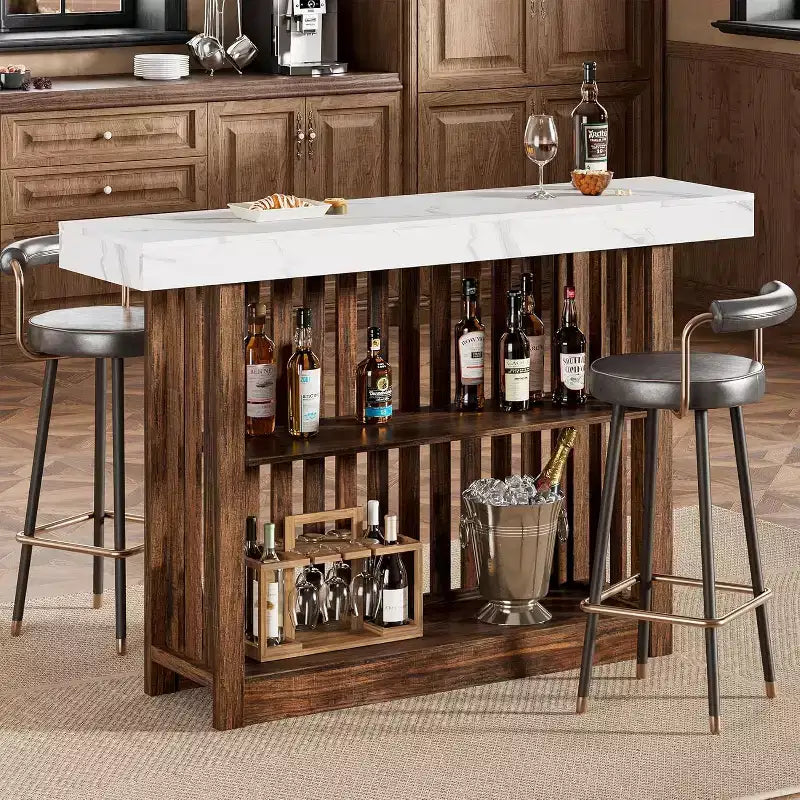 63 Long Bar Table,Counter Bar Height Pub Table with 2 Tier Storage Shelves, Modern Coffee Breakfast Bar Unit for Dining Room, Bistro, Living Room