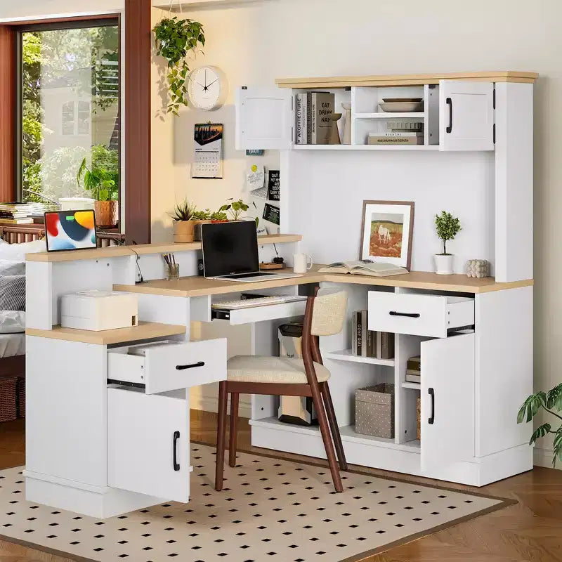 ModernLuxe Computer Desk Study/Gaming Workstation L-Shaped Corner Office Table with Built-In Outlet, Storage Drawers & Bookshelf