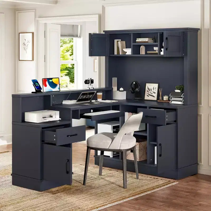 ModernLuxe Computer Desk Study/Gaming Workstation L-Shaped Corner Office Table with Built-In Outlet, Storage Drawers & Bookshelf