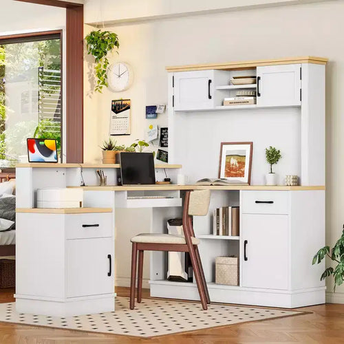 ModernLuxe Computer Desk Study/Gaming Workstation L-Shaped Corner Office Table with Built-In Outlet, Storage Drawers & Bookshelf