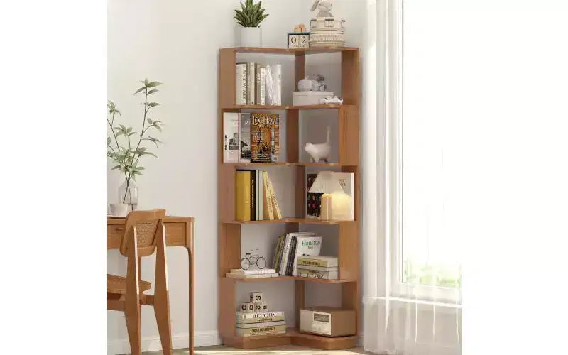 TUYOHW 6-Tier L-Shaped Wood Corner Bookshelves,Freestanding Shelving Units with Anti-tipping Device,Open Bookcases for Living Room,Office