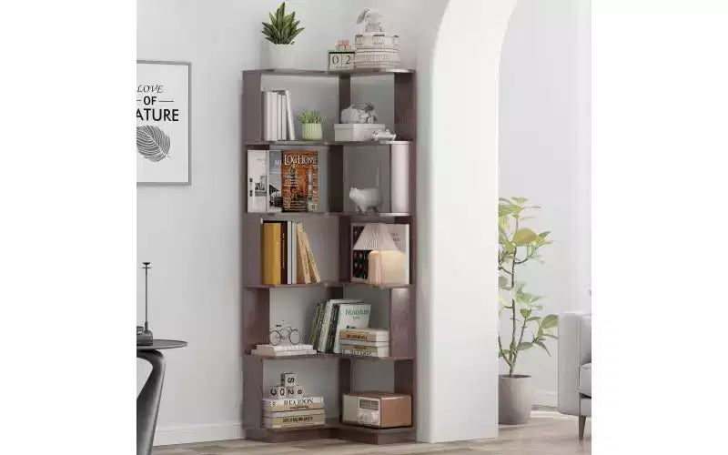 TUYOHW 6-Tier L-Shaped Wood Corner Bookshelves,Freestanding Shelving Units with Anti-tipping Device,Open Bookcases for Living Room,Office