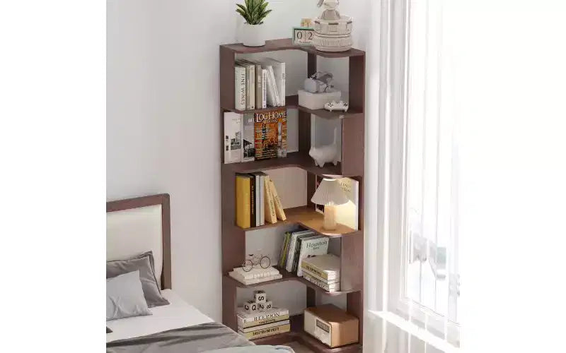 TUYOHW 6-Tier L-Shaped Wood Corner Bookshelves,Freestanding Shelving Units with Anti-tipping Device,Open Bookcases for Living Room,Office