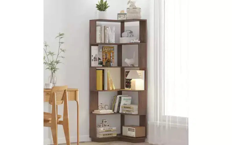 TUYOHW 6-Tier L-Shaped Wood Corner Bookshelves,Freestanding Shelving Units with Anti-tipping Device,Open Bookcases for Living Room,Office