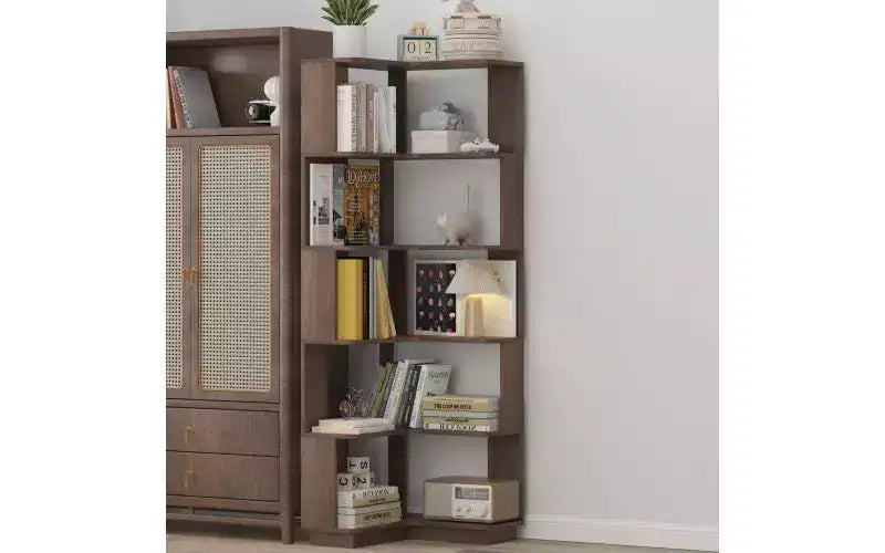 TUYOHW 6-Tier L-Shaped Wood Corner Bookshelves,Freestanding Shelving Units with Anti-tipping Device,Open Bookcases for Living Room,Office
