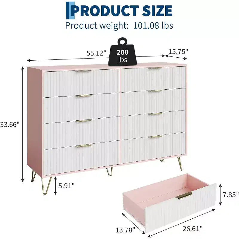 Fluted Dresser for Bedroom with 8 Drawers,55 Wide Modern Chest of Wooden Chest with Metal Handle,Clothes Storage Organizer,Dresser & TV Stand
