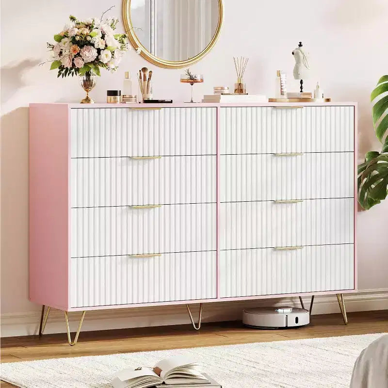 Fluted Dresser for Bedroom with 8 Drawers,55 Wide Modern Chest of Wooden Chest with Metal Handle,Clothes Storage Organizer,Dresser & TV Stand