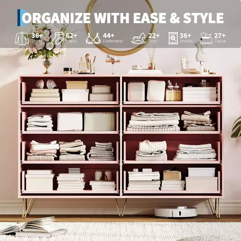 Fluted Dresser for Bedroom with 8 Drawers,55 Wide Modern Chest of Wooden Chest with Metal Handle,Clothes Storage Organizer,Dresser & TV Stand