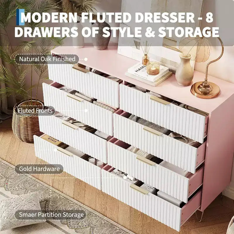 Fluted Dresser for Bedroom with 8 Drawers,55 Wide Modern Chest of Wooden Chest with Metal Handle,Clothes Storage Organizer,Dresser & TV Stand