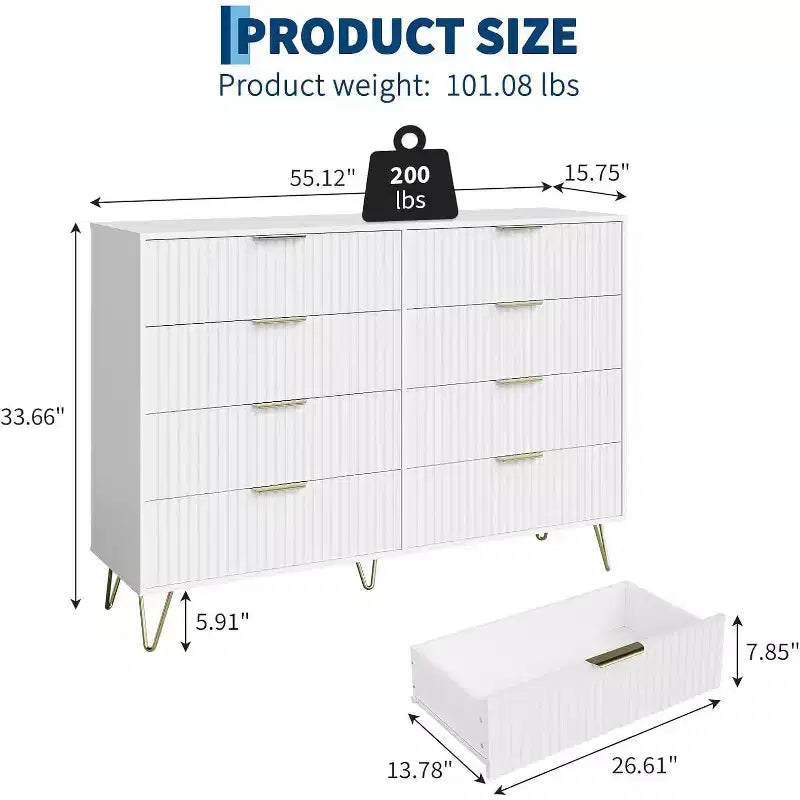 Fluted Dresser for Bedroom with 8 Drawers,55 Wide Modern Chest of Wooden Chest with Metal Handle,Clothes Storage Organizer,Dresser & TV Stand