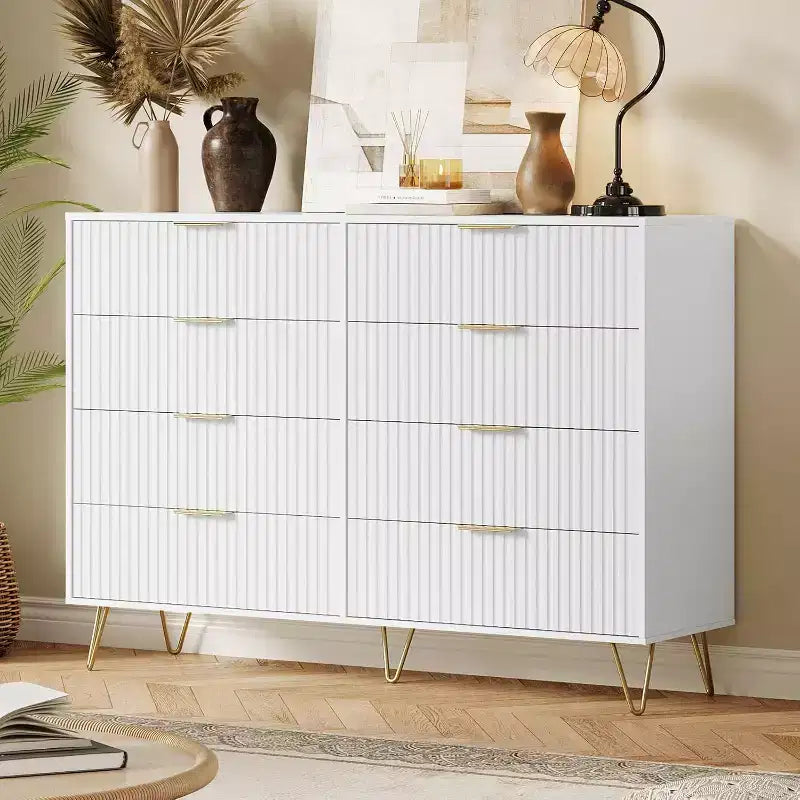 Fluted Dresser for Bedroom with 8 Drawers,55 Wide Modern Chest of Wooden Chest with Metal Handle,Clothes Storage Organizer,Dresser & TV Stand