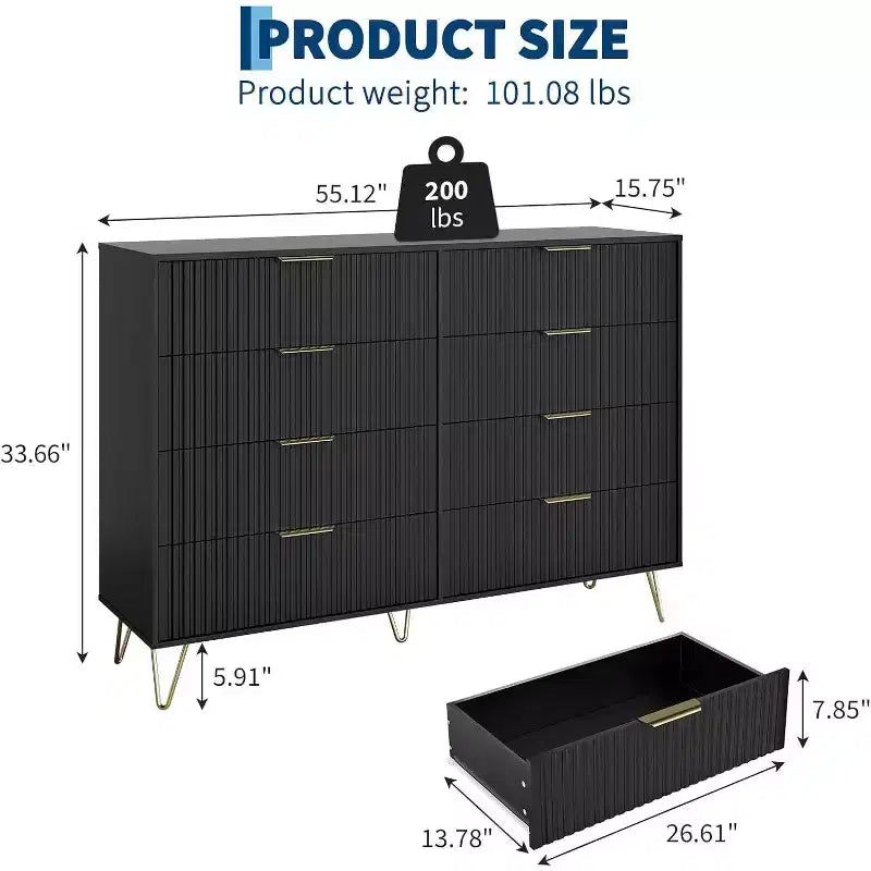 Fluted Dresser for Bedroom with 8 Drawers,55 Wide Modern Chest of Wooden Chest with Metal Handle,Clothes Storage Organizer,Dresser & TV Stand