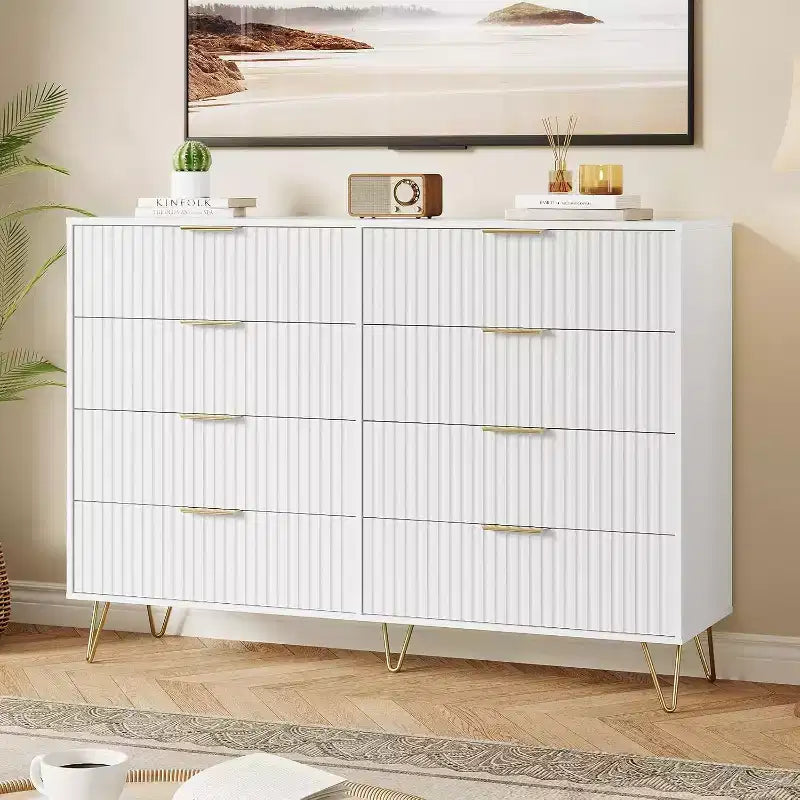 Fluted Dresser for Bedroom with 8 Drawers,55 Wide Modern Chest of Wooden Chest with Metal Handle,Clothes Storage Organizer,Dresser & TV Stand