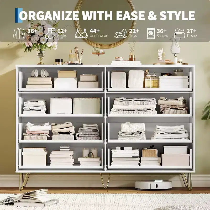 Fluted Dresser for Bedroom with 8 Drawers,55 Wide Modern Chest of Wooden Chest with Metal Handle,Clothes Storage Organizer,Dresser & TV Stand