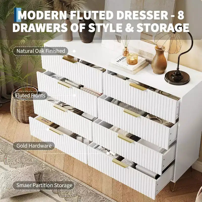 Fluted Dresser for Bedroom with 8 Drawers,55 Wide Modern Chest of Wooden Chest with Metal Handle,Clothes Storage Organizer,Dresser & TV Stand