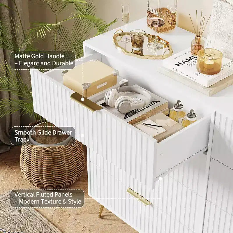 Fluted Dresser for Bedroom with 8 Drawers,55 Wide Modern Chest of Wooden Chest with Metal Handle,Clothes Storage Organizer,Dresser & TV Stand