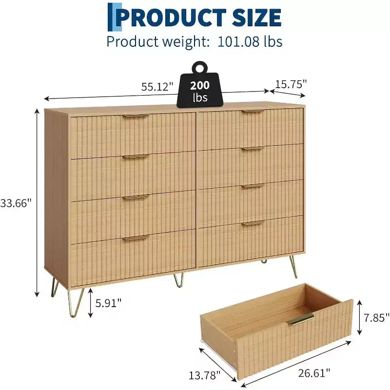 Fluted Dresser for Bedroom with 8 Drawers,55 Wide Modern Chest of Wooden Chest with Metal Handle,Clothes Storage Organizer,Dresser & TV Stand