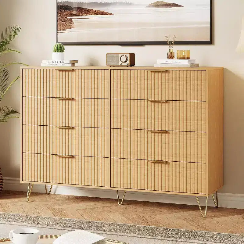 Fluted Dresser for Bedroom with 8 Drawers,55 Wide Modern Chest of Wooden Chest with Metal Handle,Clothes Storage Organizer,Dresser & TV Stand