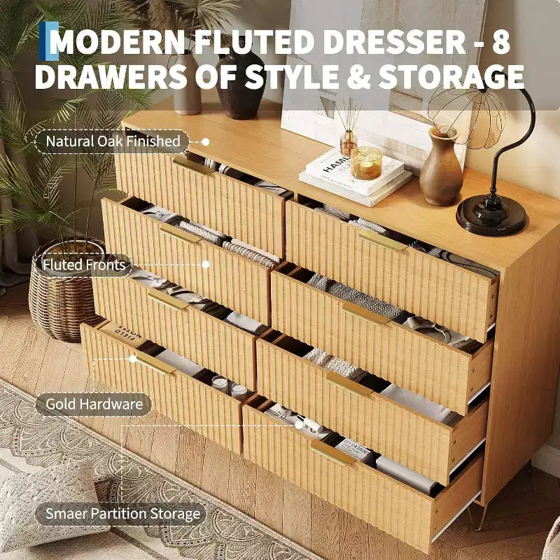 Fluted Dresser for Bedroom with 8 Drawers,55 Wide Modern Chest of Wooden Chest with Metal Handle,Clothes Storage Organizer,Dresser & TV Stand