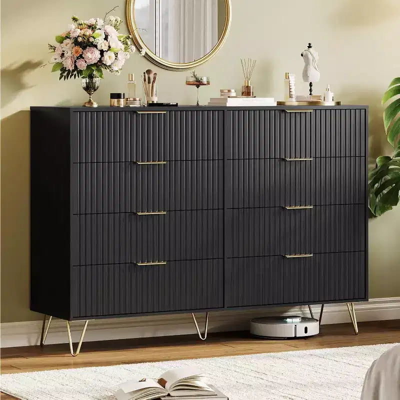 Fluted Dresser for Bedroom with 8 Drawers,55 Wide Modern Chest of Wooden Chest with Metal Handle,Clothes Storage Organizer,Dresser & TV Stand