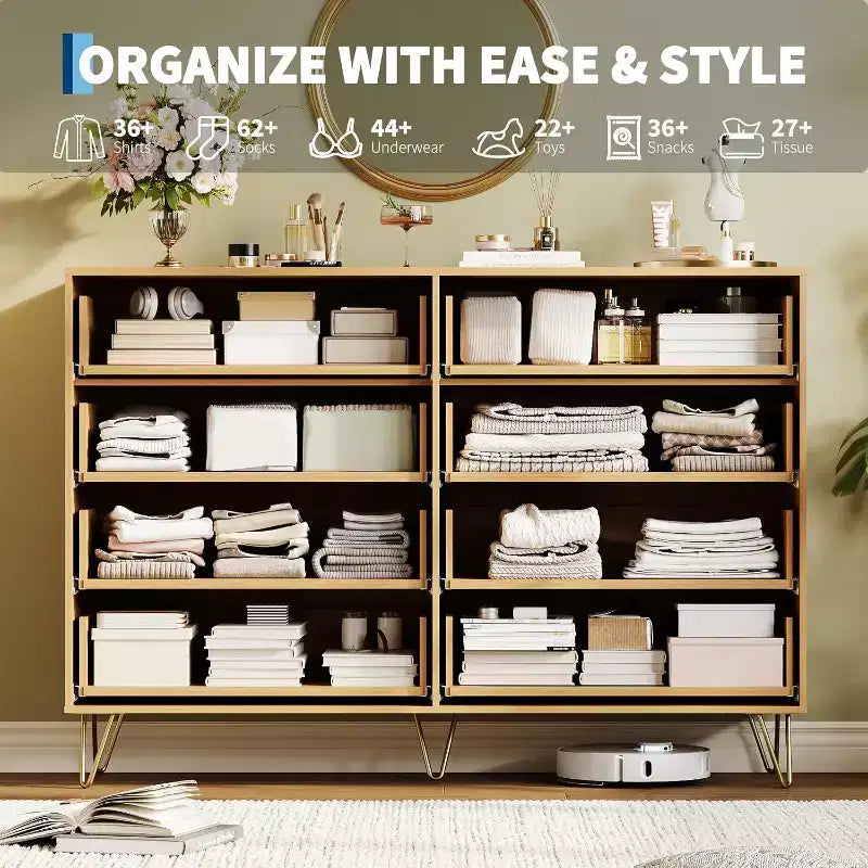 Fluted Dresser for Bedroom with 8 Drawers,55 Wide Modern Chest of Wooden Chest with Metal Handle,Clothes Storage Organizer,Dresser & TV Stand