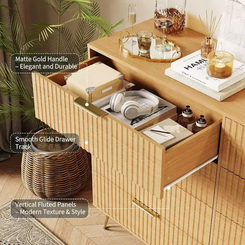 Fluted Dresser for Bedroom with 8 Drawers,55 Wide Modern Chest of Wooden Chest with Metal Handle,Clothes Storage Organizer,Dresser & TV Stand