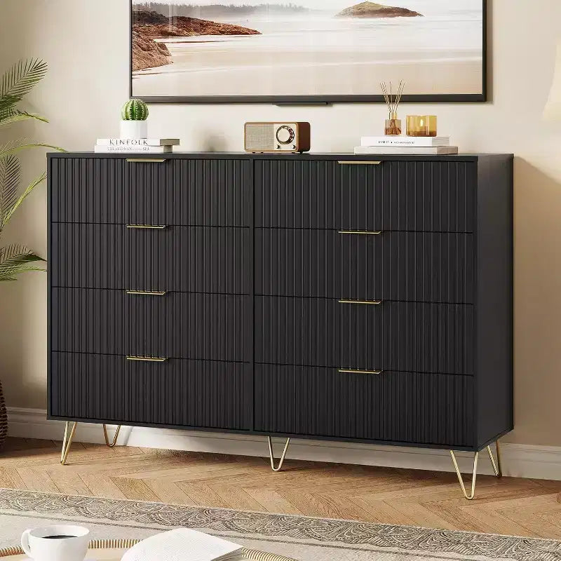Fluted Dresser for Bedroom with 8 Drawers,55 Wide Modern Chest of Wooden Chest with Metal Handle,Clothes Storage Organizer,Dresser & TV Stand