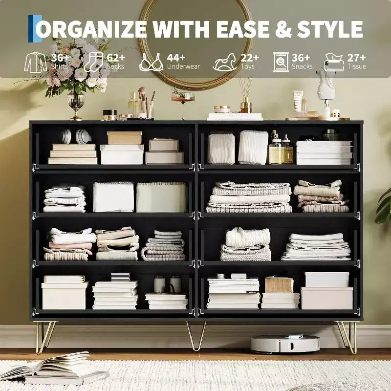 Fluted Dresser for Bedroom with 8 Drawers,55 Wide Modern Chest of Wooden Chest with Metal Handle,Clothes Storage Organizer,Dresser & TV Stand
