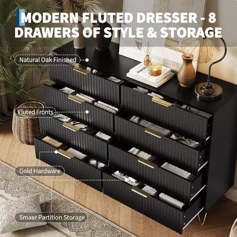 Fluted Dresser for Bedroom with 8 Drawers,55 Wide Modern Chest of Wooden Chest with Metal Handle,Clothes Storage Organizer,Dresser & TV Stand