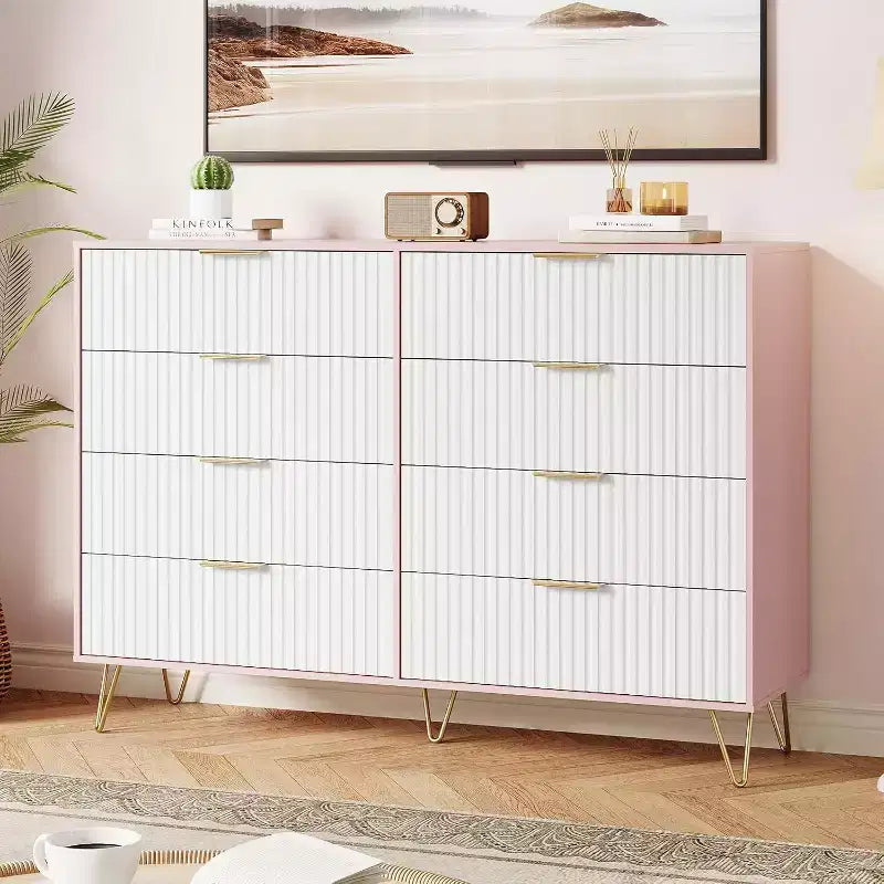 Fluted Dresser for Bedroom with 8 Drawers,55 Wide Modern Chest of Wooden Chest with Metal Handle,Clothes Storage Organizer,Dresser & TV Stand