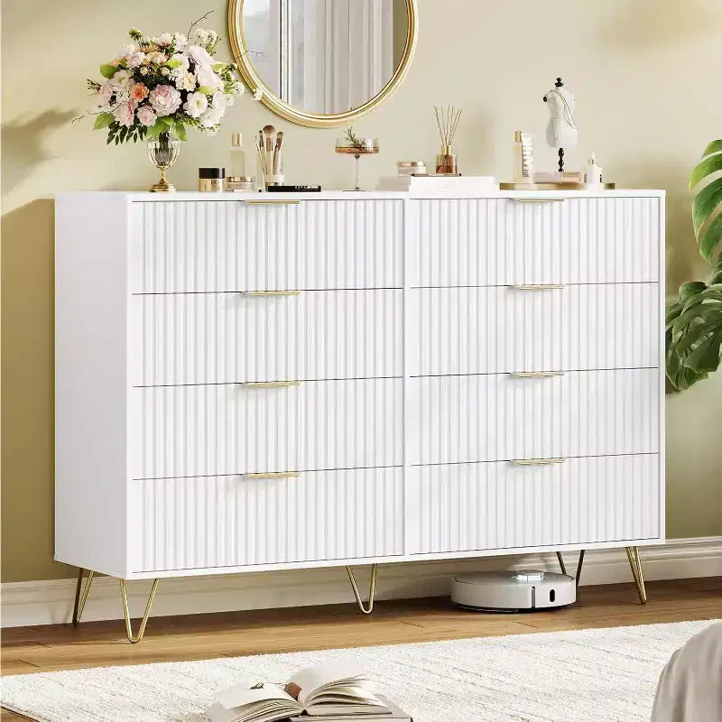 Fluted Dresser for Bedroom with 8 Drawers,55 Wide Modern Chest of Wooden Chest with Metal Handle,Clothes Storage Organizer,Dresser & TV Stand
