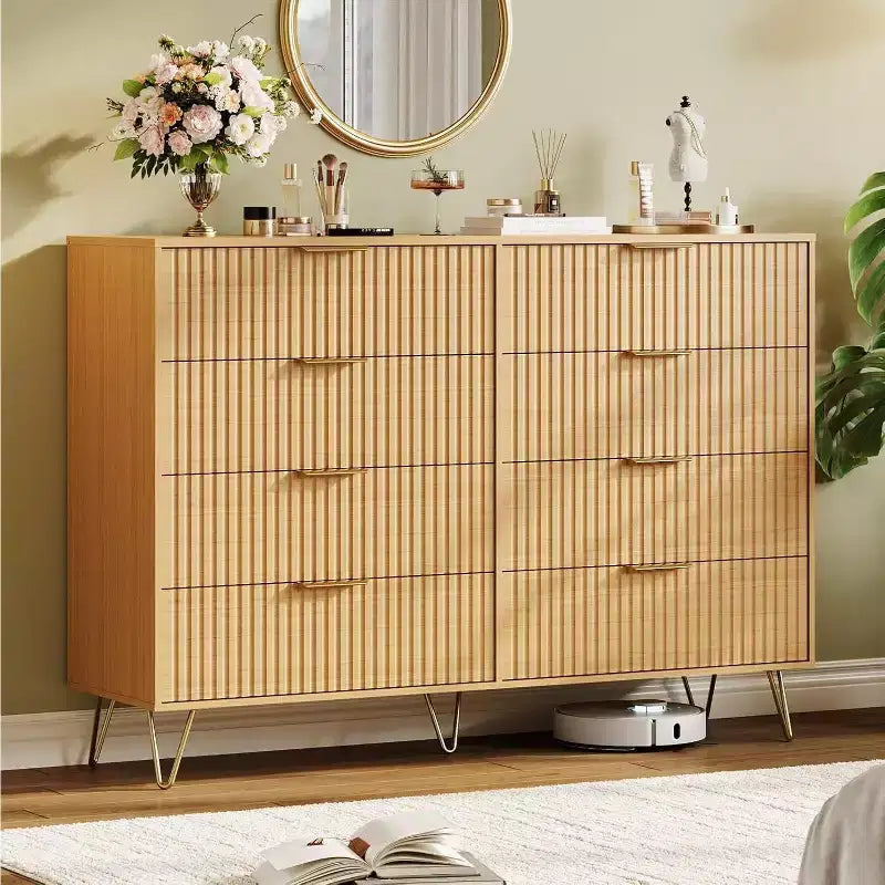 Fluted Dresser for Bedroom with 8 Drawers,55 Wide Modern Chest of Wooden Chest with Metal Handle,Clothes Storage Organizer,Dresser & TV Stand