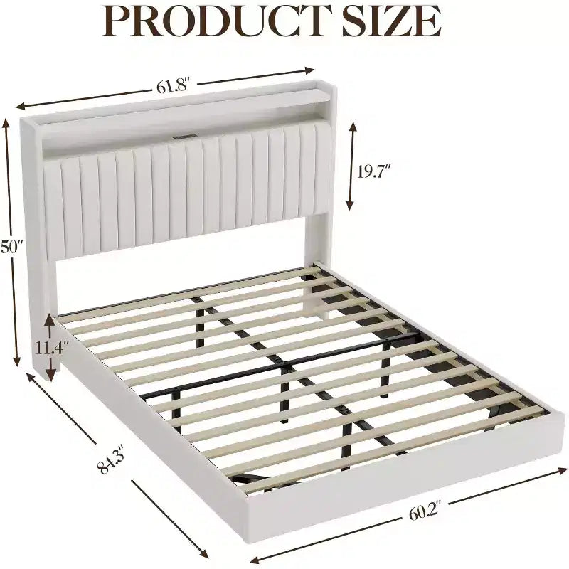 Full-size Bed Frame is 50 Inches High and Does not Require a Spring Box. PU Genuine Leather Rack with Headboard, Double-layer Storage