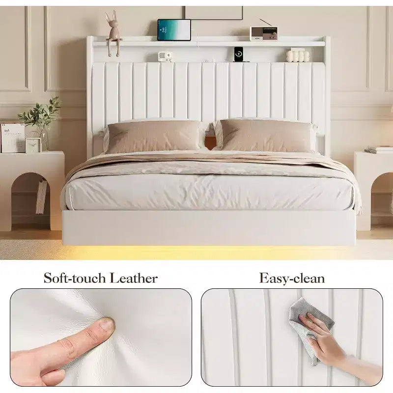 Full-size Bed Frame is 50 Inches High and Does not Require a Spring Box. PU Genuine Leather Rack with Headboard, Double-layer Storage