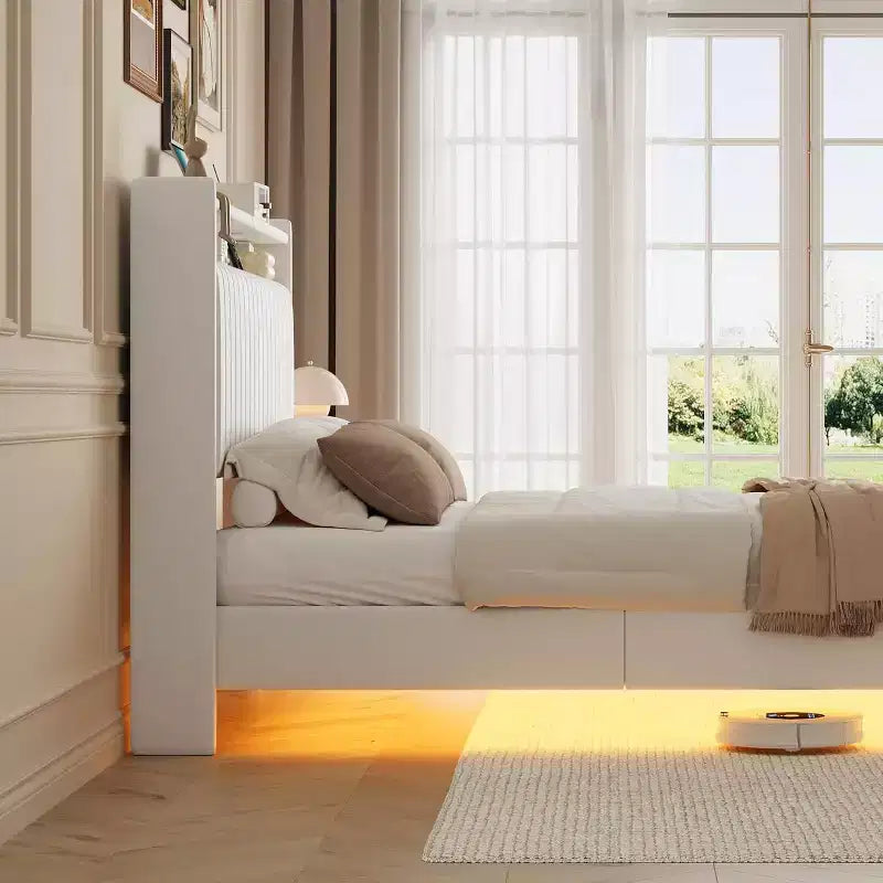 Full-size Bed Frame is 50 Inches High and Does not Require a Spring Box. PU Genuine Leather Rack with Headboard, Double-layer Storage