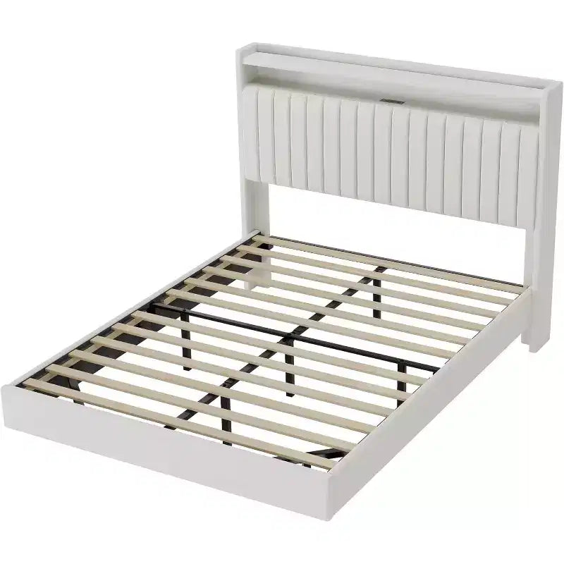Full-size Bed Frame is 50 Inches High and Does not Require a Spring Box. PU Genuine Leather Rack with Headboard, Double-layer Storage