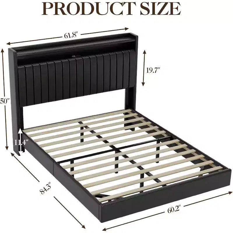 Full-size Bed Frame is 50 Inches High and Does not Require a Spring Box. PU Genuine Leather Rack with Headboard, Double-layer Storage