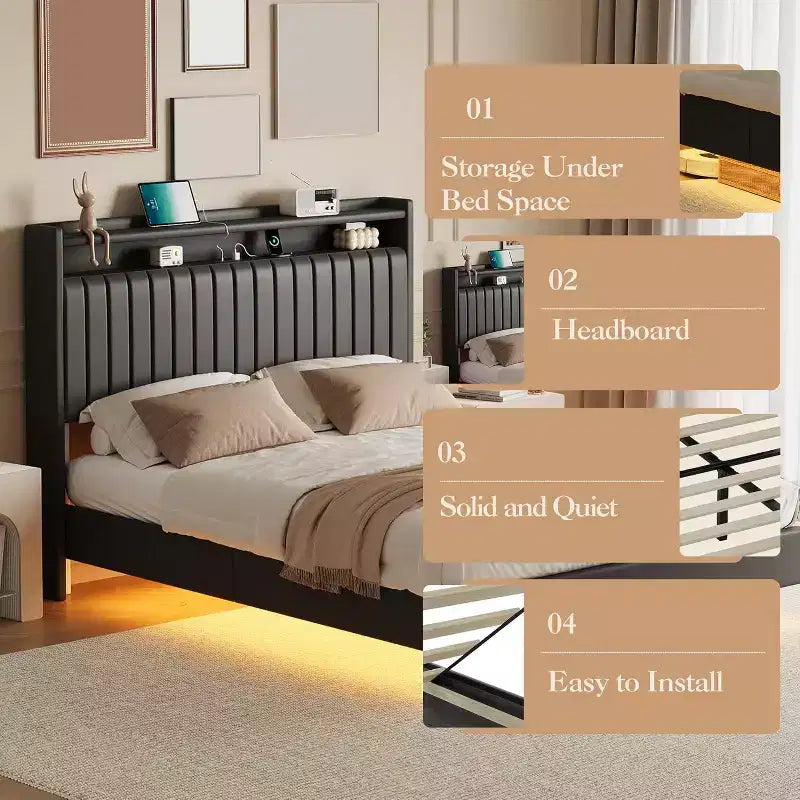 Full-size Bed Frame is 50 Inches High and Does not Require a Spring Box. PU Genuine Leather Rack with Headboard, Double-layer Storage