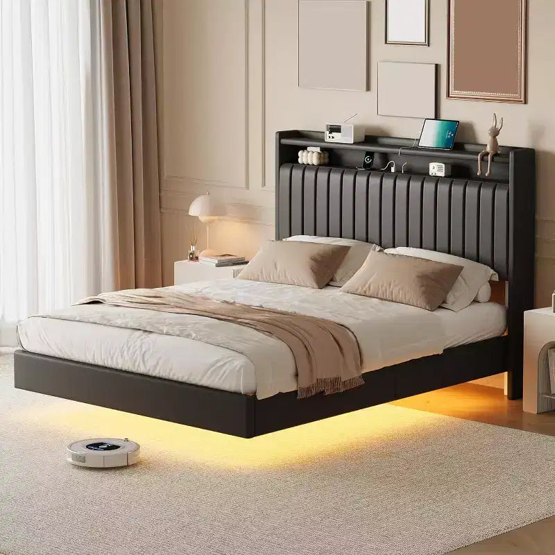 Full-size Bed Frame is 50 Inches High and Does not Require a Spring Box. PU Genuine Leather Rack with Headboard, Double-layer Storage