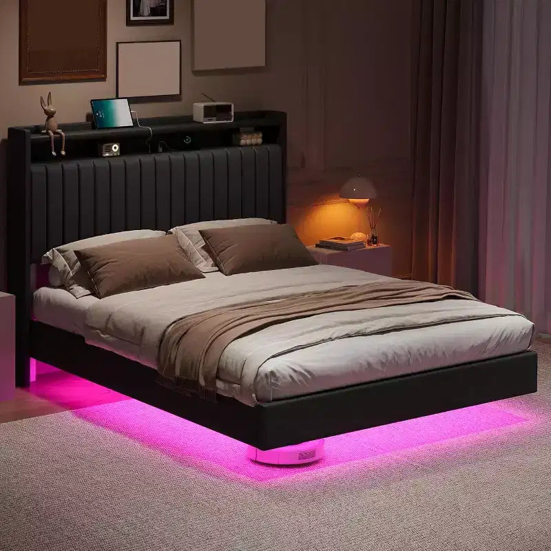 Full-size Bed Frame is 50 Inches High and Does not Require a Spring Box. PU Genuine Leather Rack with Headboard, Double-layer Storage