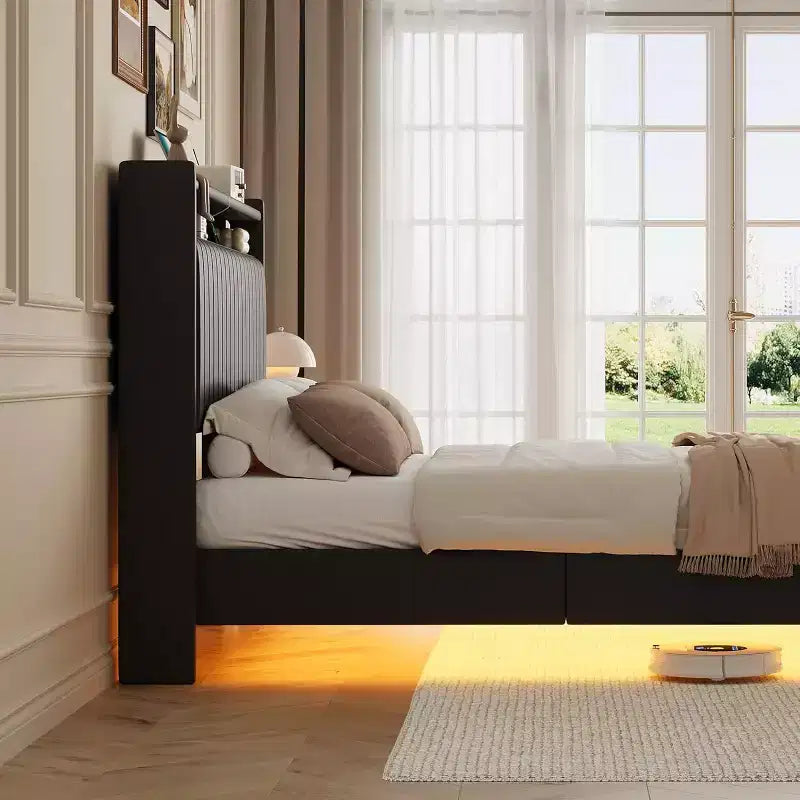 Full-size Bed Frame is 50 Inches High and Does not Require a Spring Box. PU Genuine Leather Rack with Headboard, Double-layer Storage