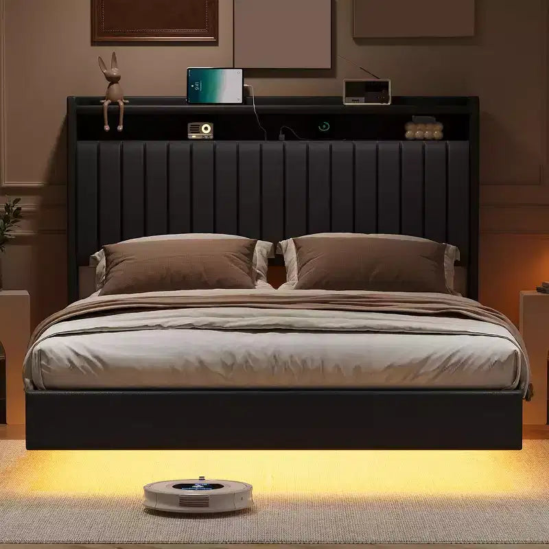 Full-size Bed Frame is 50 Inches High and Does not Require a Spring Box. PU Genuine Leather Rack with Headboard, Double-layer Storage